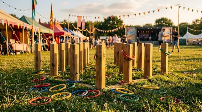 Outdoor garden party game with wooden posts and colorful plastic rings on green grass during festival with tents and blurred crowd in background during golden hour