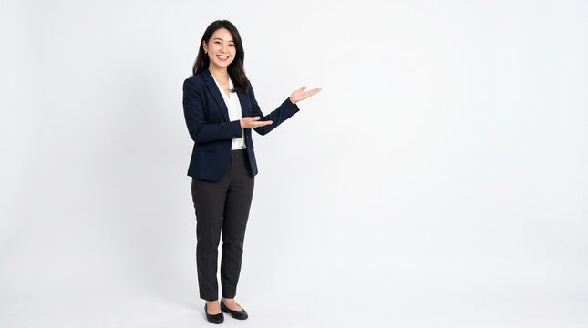 Professional Japanese businesswoman in a navy blazer gesturing to the right for presentation with copy space on white background