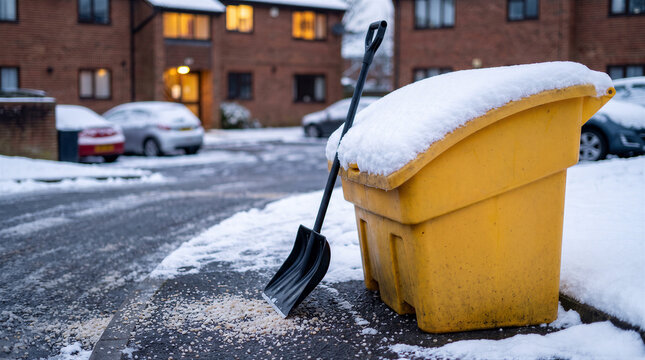 Yellow grit bin and a black snow shovel on a snowy residential street in winter