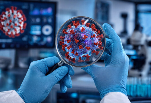 Scientist examining coronavirus sample under magnifying glass in laboratory setting