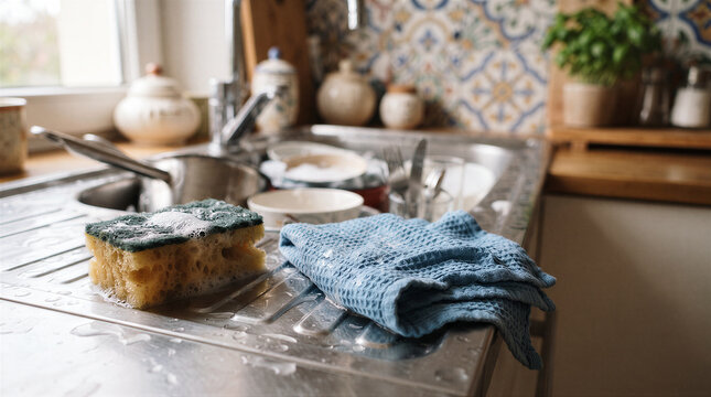 Soapy sponge and blue dish towel on a stainless steel kitchen sink with dirty dishes in the background