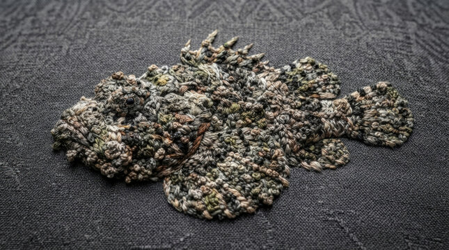 Intricate needlepoint frogfish design featuring textured green and brown earth tone threads on grey fabric for textile artwork.