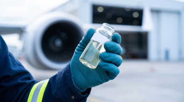 A technician holding a sample of sustainable aviation fuel in a glass vial in front of a jet engine at an airport hangar