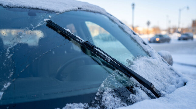 Closeup of a car windshield covered in snow and ice with a wiper blade in a winter setting