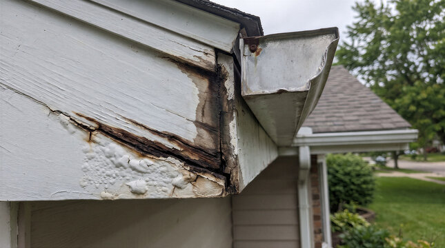 Severe wood rot and water damage on the fascia board of a residential home roofline near a metal gutter