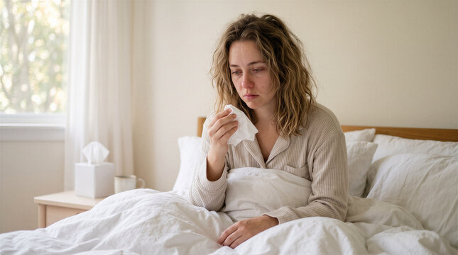 Sick young woman sitting in bed holding a tissue, feeling unwell with cold or flu symptoms in a bright bedroom