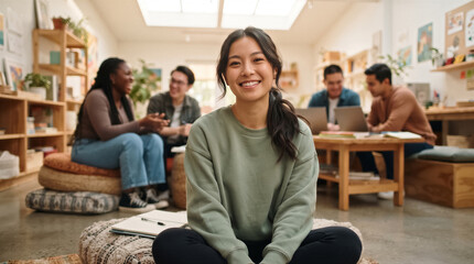 Fototapeta premium Happy young woman sitting on the floor in a bright, modern creative office space with colleagues working in the background