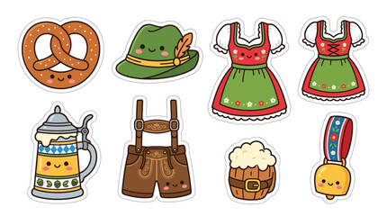 Fototapeta premium Cute kawaii Oktoberfest sticker set with traditional German festival elements
