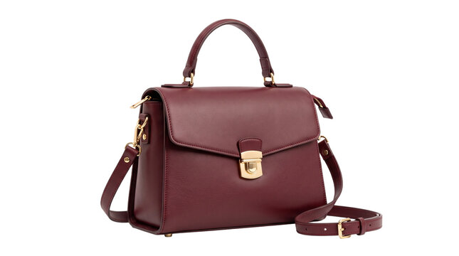 Elegant Burgundy Leather Handbag with Gold Hardware and Detachable Strap PNG Isolated on transparent background