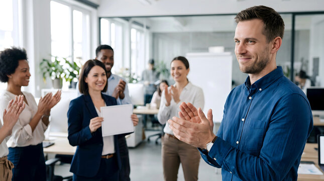 Man claps along with a tight, forced smile as a colleague is celebrated for her promotion, capturing the quiet sting of hidden workplace envy.