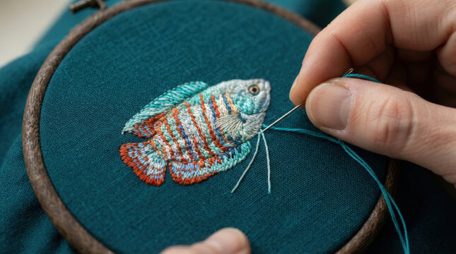 Person sewing vibrant gourami fish embroidery with turquoise thread on teal linen fabric clamped in dark wood embroidery hoop tool.