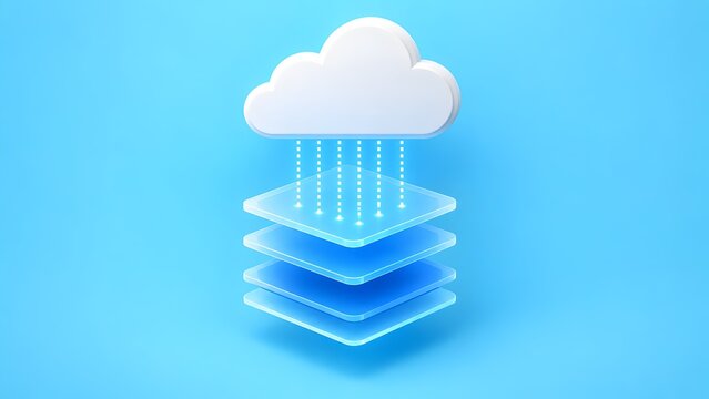 3D cloud computing architecture with layered transparent panels representing multi tier data storage and virtual server infrastructure