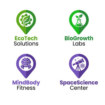 A vibrant collection of logo designs focused on science and technology themes, promoting eco-friendly growth and innovation for research labs and startups.