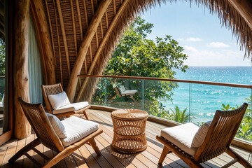 Obraz premium Natural wood balcony overlooks ocean and lush trees. Chairs and table offer relaxation spot. Eco resort stay provides tranquil vacation experience with serene views.