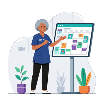 Elderly Nurse Planning Schedule on Digital Board, Medical Team Management Illustration