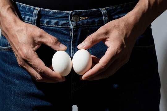 Man holds two white eggs near denim jeans. Concept of male fertility, vasectomy. Man shows reproductive health sterilization process. Symbolic metaphor for sperm, testicles, men health care. Concept