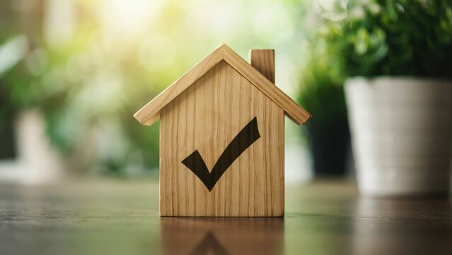 A wooden house model with a check mark sits on a table in sunlight. Ideal for real estate inspection and home buying insurance concepts.