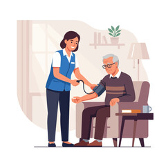 Obraz premium Nurse checking elderly man's blood pressure at home, healthcare, medical checkup, domestic visit, professional care, health monitoring