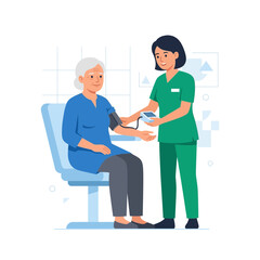 Fototapeta premium Nurse checks elderly woman's blood pressure, modern flat illustration style, healthcare concept