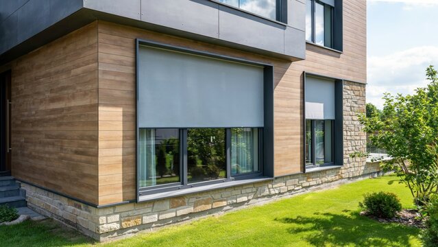 Modern luxury house exterior with solar window shades and wooden facade. Perfect concept for energy efficient architectural design and smart home climate control solutions.