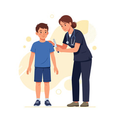 Fototapeta premium Female Nurse Examining Young Boy with Stethoscope and Thermometer - Medical Check-up Illustration
