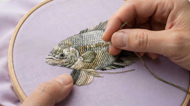 Detailed fish embroidery design on purple fabric with needlework artisan hands creating textured scales for creative decor projects.