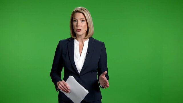 Female news anchor speaking and holding papers against green screen