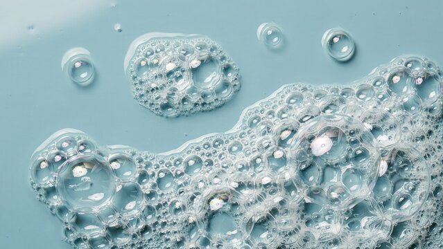 Clear soap bubbles floating on a smooth blue surface. Ideal for beauty, hygiene, and skincare advertising campaigns.