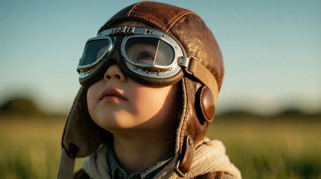 Young child in vintage aviator hat and goggles looks skyward with hopeful expression. Outdoor portrait with soft light suggests dreams of flight and future adventures.