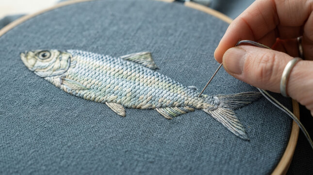 Detailed fish needlepoint embroidery craft featuring blue linen fabric texture for creative home decor and hobby project ideas.