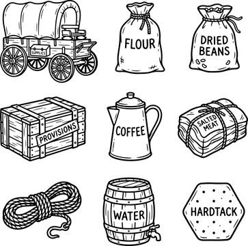 Wild west pioneer supplies and covered wagon sketch icons