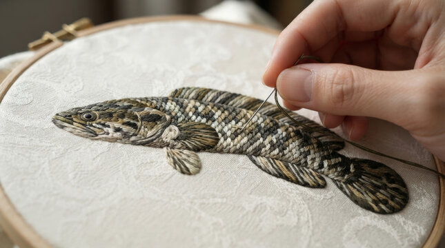 Detailed needlework fish embroidery on cream white textured canvas background provides elegant artisan wall hanging decor ideas.
