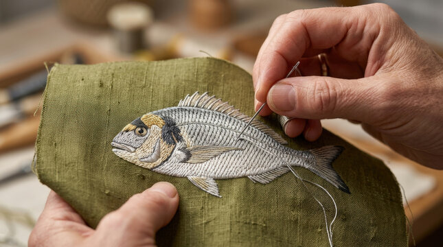 Detailed sea bream embroidery featuring grey and yellow threadwork on olive green linen fabric for artistic textile craft home.