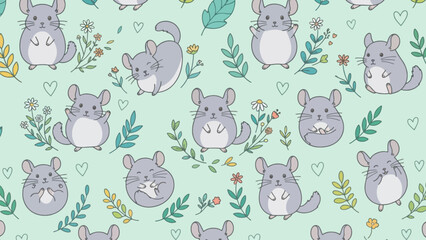 Obraz premium Seamless pattern with cute cartoon chinchillas and floral elements on a light green background.