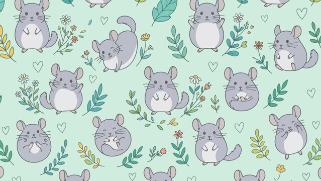 Seamless pattern with cute cartoon chinchillas and floral elements on a light green background.