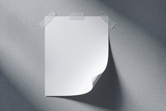 Blank white paper sheet taped to textured gray wall with adhesive tape. Minimalist mockup template for poster, flyer, art display. Curved bottom corner creates soft shadow on concrete background.