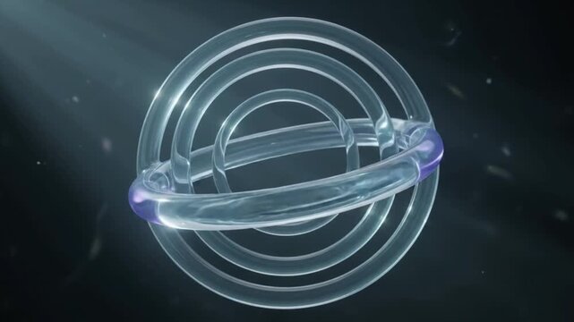 abstract futuristic glass rings rotating and gyroscopic motion on dark background stock video 3d render animation