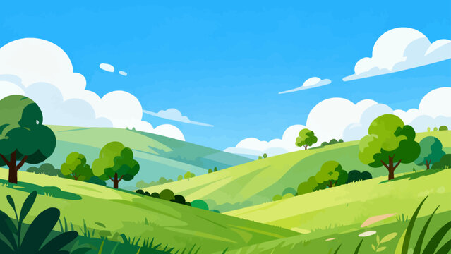 Green hills roll beneath a bright blue sky. Puffy white clouds drift lazily overhead. Lush trees dot the rolling landscape gently. Wild grasses sway softly in the breeze