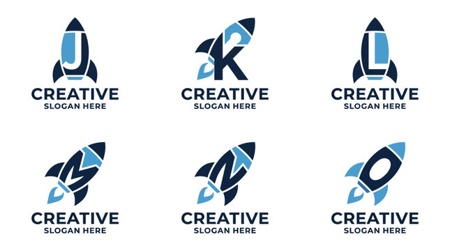 This image presents an array of six rocket-themed logos designed for creative businesses, emphasizing innovation, forward-thinking, and excitement in brand identity.