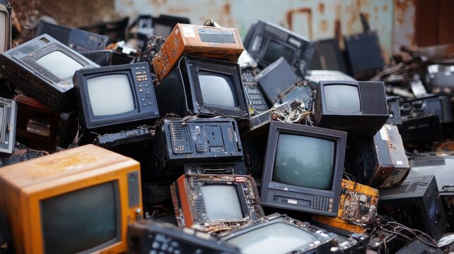 Electronic waste pile consisting of discarded vintage televisions and old CRT monitors.