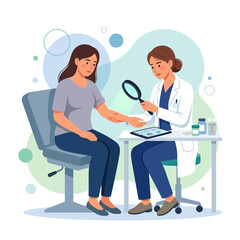 Fototapeta premium Dermatologist Examining Patient's Skin Lesion with Magnifying Glass - Medical Consultation Vector Illustration