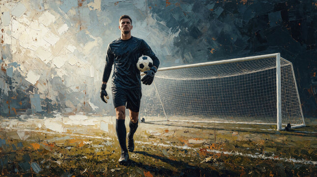 Pro soccer goalkeeper walks toward camera with ball under arm. Athlete in black uniform stands near goal post on grass field. Textured acrylic painting style shows movement, confidence for sports