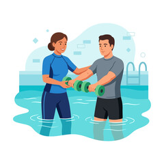 Obraz premium Aqua Aerobics Instructor Helping Man With Dumbbell Workout in Pool