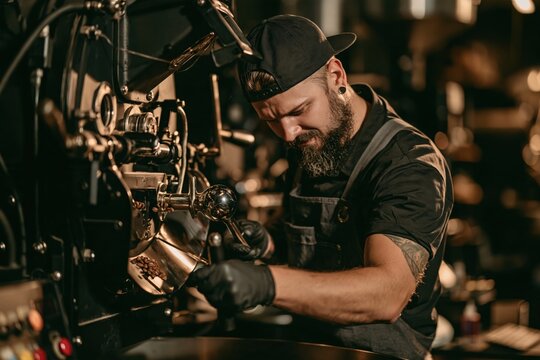 Coffee Roaster Inspecting Beans With a Sampling Trier