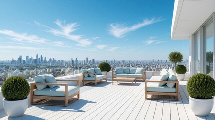 Obraz premium Minimalist patio furniture set on modern rooftop terrace with panoramic city skyline view. Light blue cushions on wooden chairs and sofa. Potted green bushes add decor. Bright sunny day with blue sky.