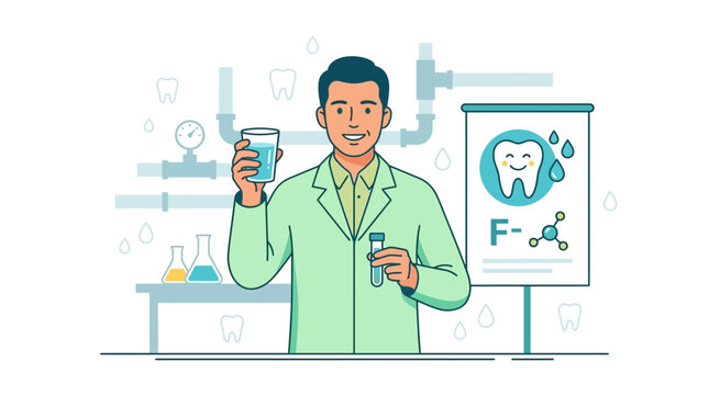 Dentist or scientist with fluoride in water, research and dental hygiene concept