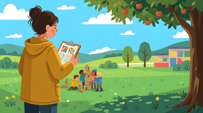 Kindergarten teacher observing young children building block tower outdoors on green schoolyard lawn