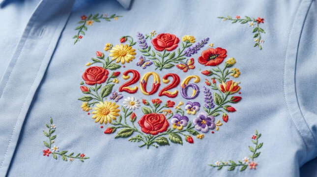 Colorful floral wreath embroidery surrounding year date 2026 on light blue cotton button shirt for seasonal celebration apparel.