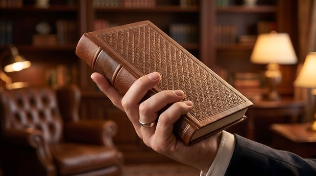 Lawyer hand holding a vintage leather law book in a classic wooden library room
