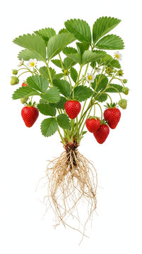 A complete strawberry plant with ripe red fruits, green berries, white flowers, and its visible root system, isolated on a pristine white background. This image illustrates freshness, organic growt...